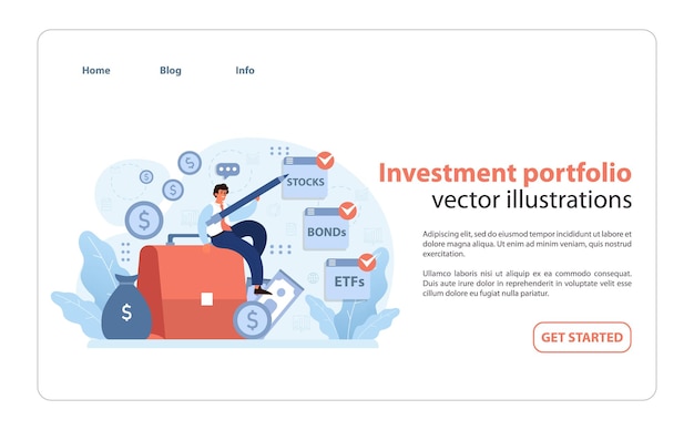 Vector concepto de cartera de inversiones equilibrios de inversores enérgicos encima de un maletín que interactúa con diversos