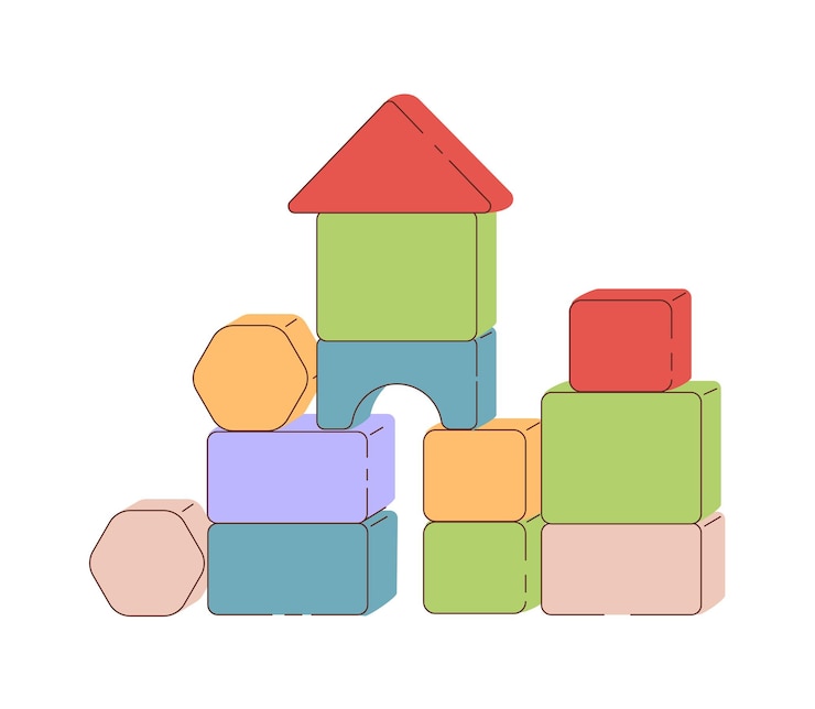 Vector concepto de castillo de dados coloridos construido a partir de formas geométricas para niños, diversión y ocio para niños