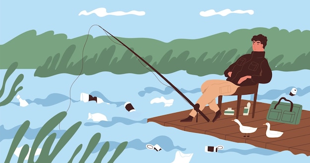 Concepto de catástrofe ecológica y contaminación del agua. Pescador pescando en un río sucio contaminado con basura plástica. Ambiente contaminado. Ilustración de vector plano colorido.