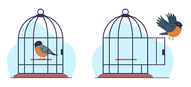 Concepto de cautiverio y libertad pájaro se sienta en la jaula y el pájaro vuela fuera de la jaula problemas de salud mental rehabilitación tomando nuevas oportunidades metáfora dibujos animados vectoriales ilustración aislada plana