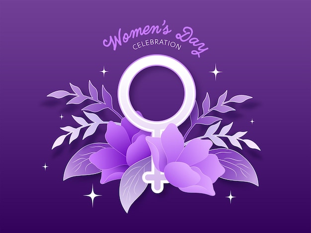 Vector concepto de celebración del día de la mujer con el símbolo de venus estilo pegatina en un hermoso fondo floral púrpura