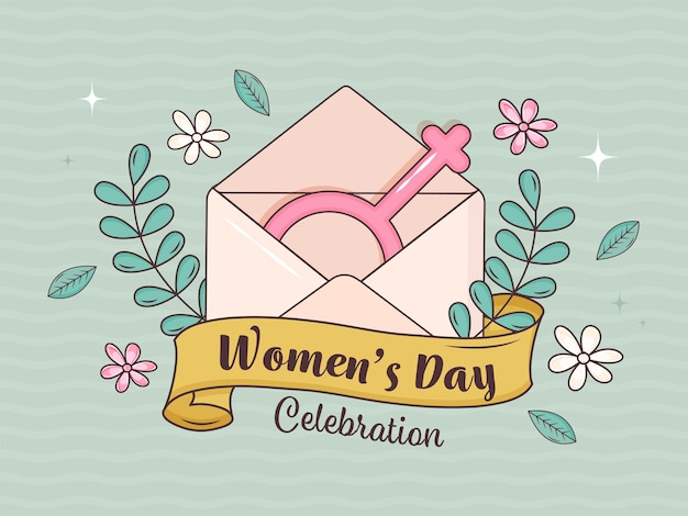 Concepto de celebración del día de la mujer con el símbolo de Venus rosa dentro del sobre sobre fondo decorado con flores