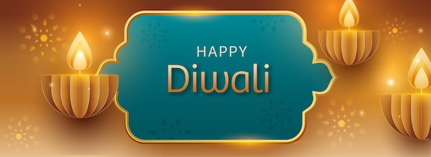 Concepto de celebración de Diwali feliz con lámparas de aceite encendidas de papel cortado (Diya) sobre fondo dorado y turquesa.