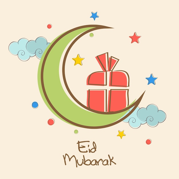 Vector concepto de celebración de eid mubarak con estilo plano caja de regalo de luna creciente estrellas nubes fondo decorado