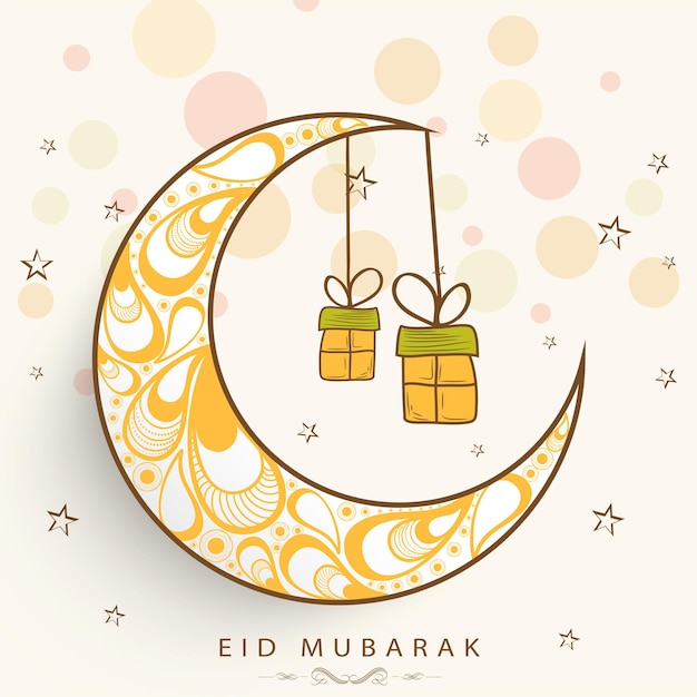 Concepto de celebración de Eid Mubarak con luna creciente en Paisley Arc Drops Doodle Cajas de regalo cuelgan y estrellas decoradas sobre fondo de círculos blancos