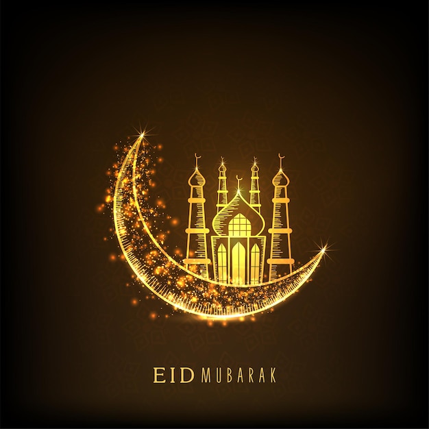 Concepto de celebración de eid mubarak con mezquita de luna creciente brillante sobre fondo marrón