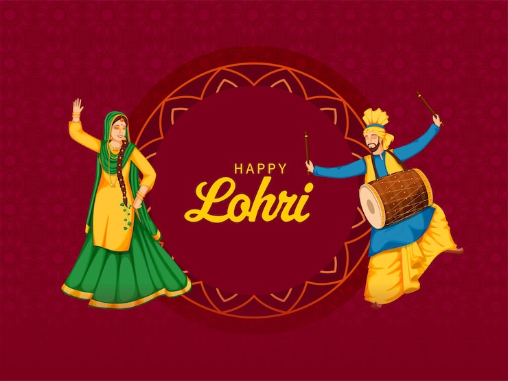 Vector concepto de celebración feliz de lohri con punjabi hombre tocando dhol y mujer haciendo danza bhangra sobre fondo rojo floral.