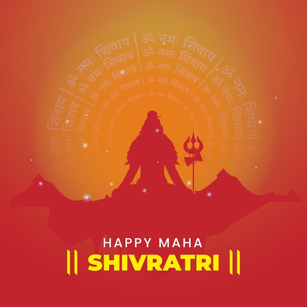 Concepto de celebración feliz de Maha Shivaratri con silueta El personaje de Lord Shiva meditando sobre la montaña contra el naranja Om Namah Shivaya texto en hindi fondo redondo