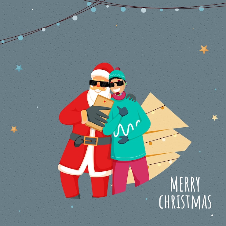 Vector concepto de celebración de feliz navidad con ilustración de un alegre papá noel y un joven que se toman una selfie juntos desde un teléfono inteligente sobre un fondo gris