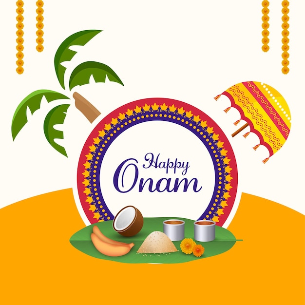 Concepto de celebración feliz Onam con paraguas tradicional, árbol de coco, comida Sadhya sobre fondo naranja y blanco.