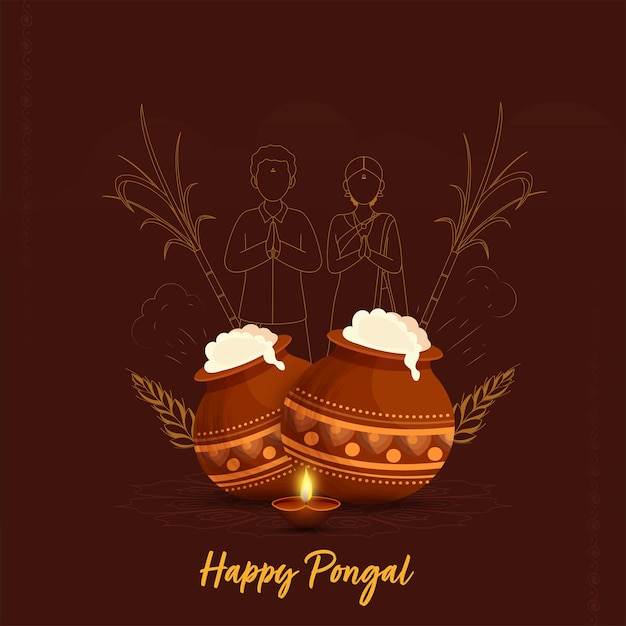 Concepto de celebración feliz pongal con ollas de barro llenas de lámpara de aceite encendida de plato tradicional diya y doodle pareja del sur de la india saludo namaste sobre fondo de sombra quemada