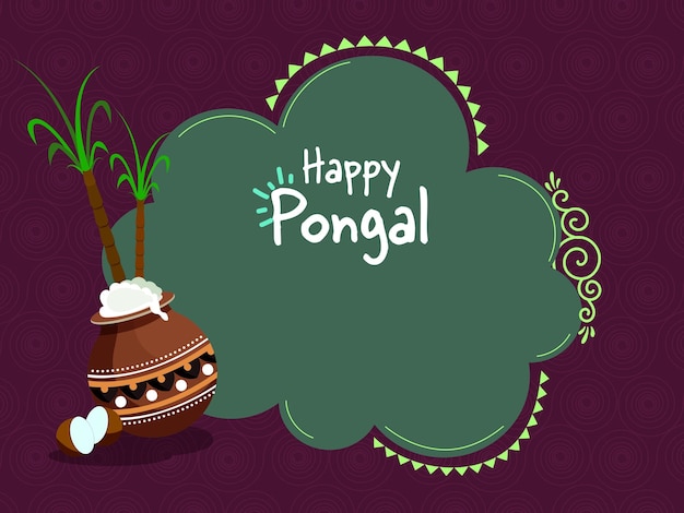 Concepto de celebración feliz de Pongal con plato tradicional arroz lleno de barro olla de caña de azúcar coco en fondo de patrón de remolino púrpura