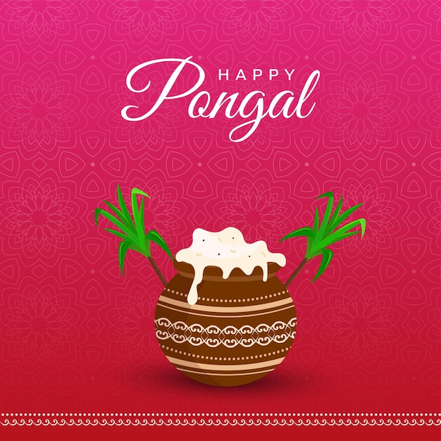 Concepto de celebración feliz Pongal con plato tradicional en olla de barro, caña de azúcar sobre fondo degradado de color rosa y rojo Mandala.