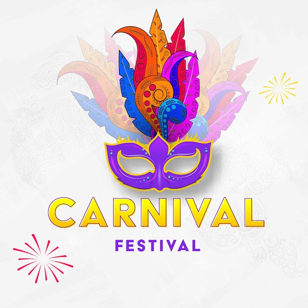 Concepto de celebración del festival de carnaval con máscara de plumas de colores sobre fondo blanco de patrón de paisley