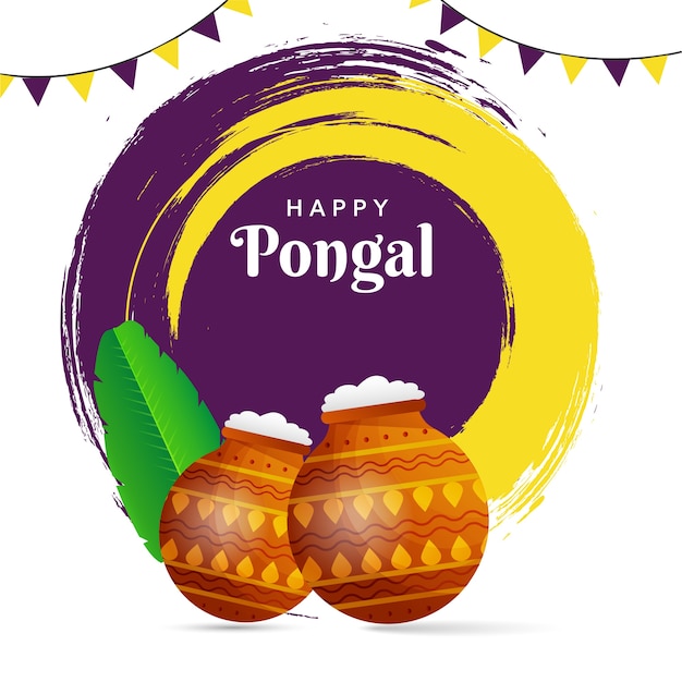 Concepto de celebración de Happy Pongal con ollas de barro de plato tradicional