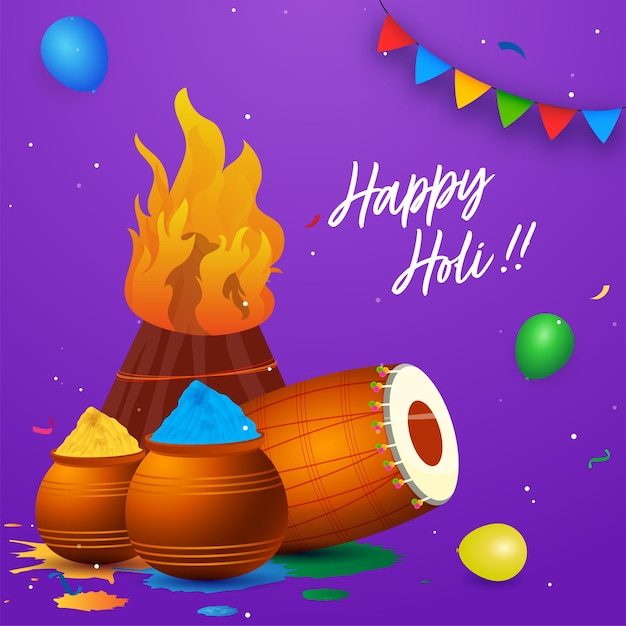 Concepto de celebración de Holi feliz con hoguera, Dhol, globos y polvo de color en macetas de barro