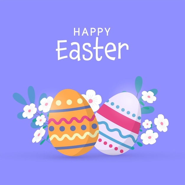 Concepto de celebración de Pascua feliz con huevos impresos y flores sobre fondo azul.