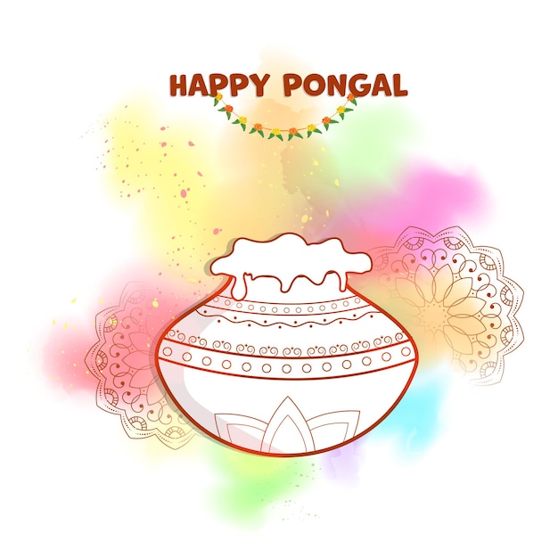 Concepto de celebración de pongal feliz con fango de estilo adhesivo lleno de plato tradicional, patrón de mandala sobre fondo de explosión de color borroso.