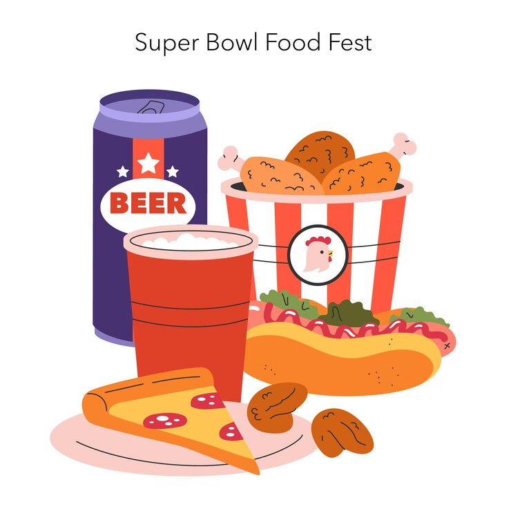 Vector el concepto de celebración del super bowl una ilustración con bocadillos cerveza y un perrito caliente capturando el