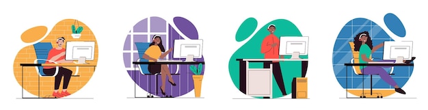 Concepto de centro de apoyo con personas escenas ambientadas en diseño web plano Conjunto de situaciones de personajes con operadores en auriculares respondiendo llamadas y mensajes de chat trabajadores de la línea de ayuda Ilustraciones vectoriales