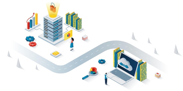 Concepto de centro de datos Banner web isométrico 3d Personas que trabajan en la administración de salas de hardware del servidor
