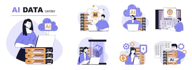 Concepto de centro de datos de IA establecido en diseño web plano Gente en escenas aisladas usando computación de red con tecnología de inteligencia artificial procesamiento en nube y computación de servidor Ilustraciones vectoriales