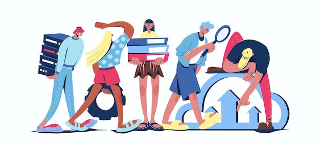 Concepto de centro de datos en la nube en el diseño web de dibujos animados Personas que administran el hardware de almacenamiento en la nube y la infraestructura de base de datos de mantenimiento de software Ilustración vectorial plana aislada en fondo blanco