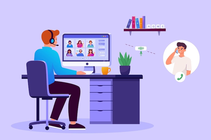 Vector concepto de centro de llamadas en línea en estilo vectorial plano concepto de trabajo desde casa hombre trabajando en portátil