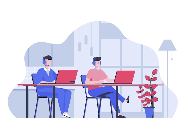 Concepto de centro de llamadas con personas de dibujos animados en diseño plano para la web Equipo de operador trabaja en portátiles apoyando y respondiendo a clientes Ilustración vectorial para material de marketing de banners de redes sociales