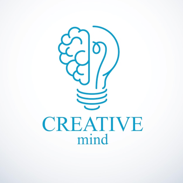 Vector concepto de cerebro creativo, logotipo de vector de creación inteligente. bombilla con la mitad del cerebro anatómico humano. mente brillante, pensamiento e icono de idea de lluvia de ideas.