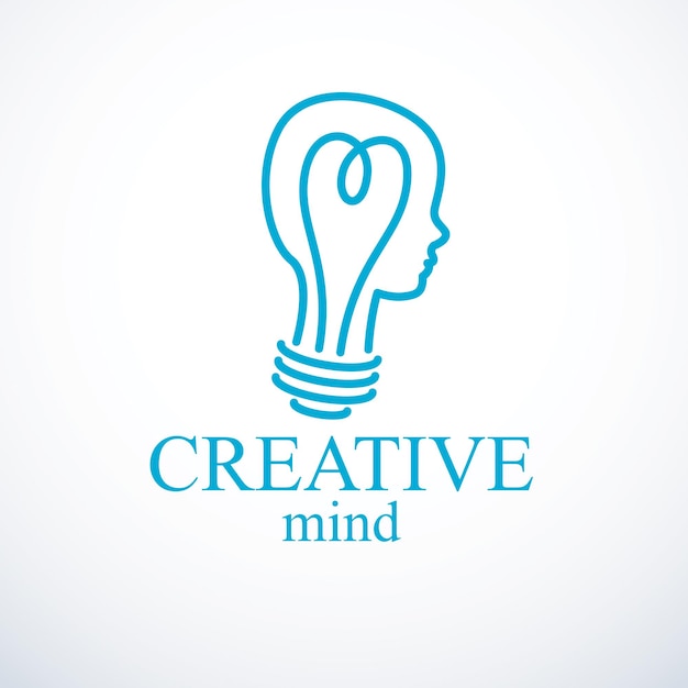 Concepto de cerebro creativo, logotipo de vector de persona inteligente. Bombilla en forma de perfil de cabeza de niño. Mente brillante, pensamiento e icono de idea de lluvia de ideas.