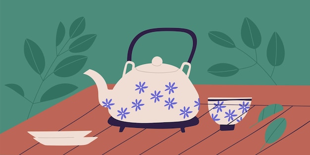 Concepto de ceremonia del té chino tradicional. Tetera con motivos florales, taza y platillos en estilo retro sobre mesa de madera. Ilustración de vector plano coloreado.