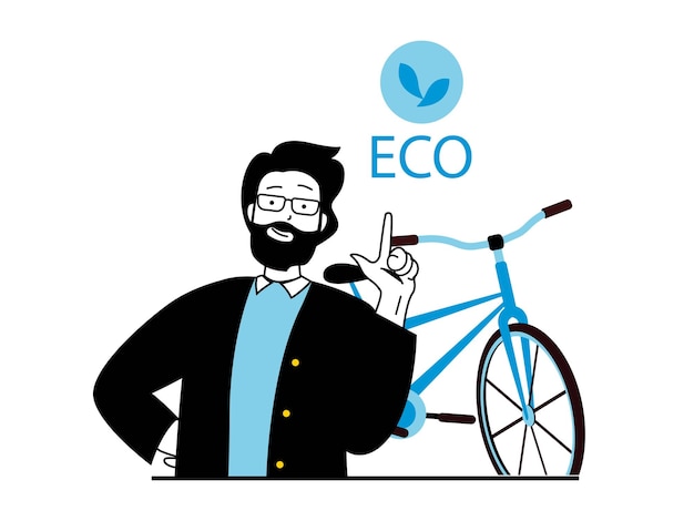 Concepto de cero residuos con situación de carácter el hombre se preocupa por el medio ambiente y la ecología del planeta monta en bicicleta y lleva un estilo de vida saludable ilustración vectorial con escena de personas en diseño plano para web