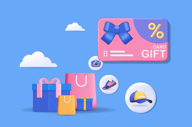 Concepto de certificado de regalo Ilustración 3D Composición de iconos con tarjeta de regalo con bolsas de compras de descuento