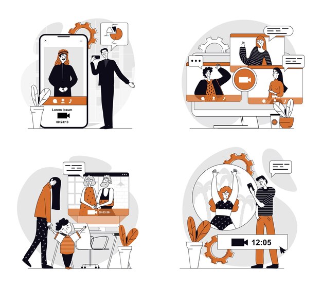 Concepto de chat de video establecido en diseño plano para la web Colección con personas que se conectan en línea y llaman en zoom hablando con amigos y familiares remotamente colegas trabajando ilustraciones vectoriales