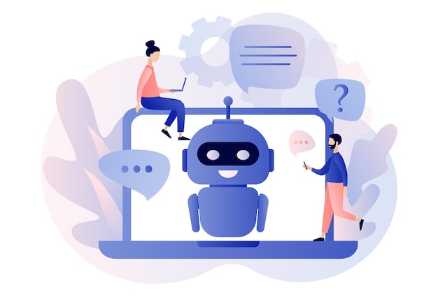 Concepto de chatbot asistente de robot de ia atención al cliente en línea personas diminutas chateando con chatbot