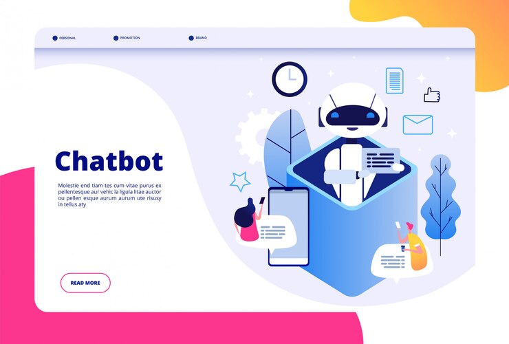 Vector concepto de chatbot. chatea con una mujer androide que habla con el teléfono móvil con los bots de aplicaciones ai que ayudan a la página de tecnología humana futura
