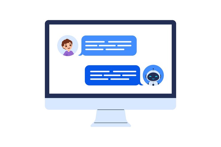 Vector concepto de chatbot con conversación entre humano y robot en la pantalla del monitor ilustración vectorial para diseños de servicio al cliente de comunicación de ia y proyectos de asistente digital