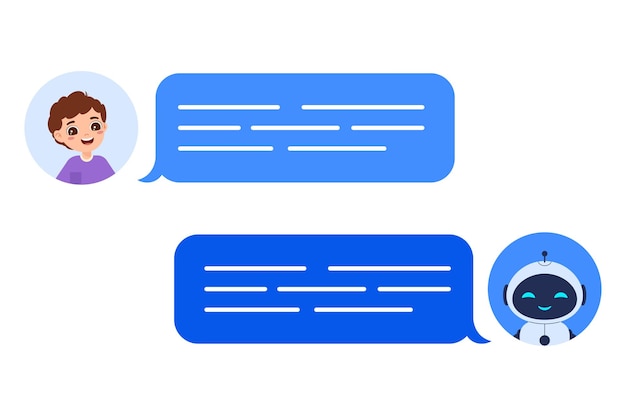 Concepto de chatbot con conversación entre un humano y un robot en un servicio de mensajería Ilustración vectorial