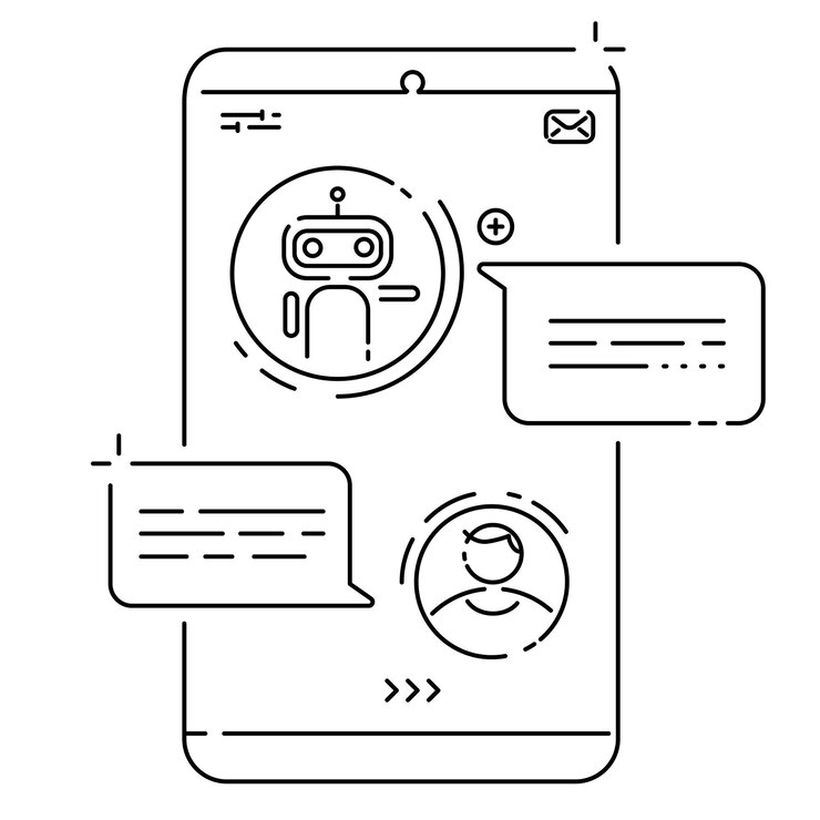 Concepto de chatbot. Hombre enviando mensajes de texto con chat bot. Comunicación con chat bot. Ilustración vectorial