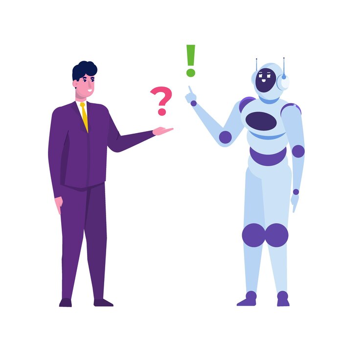 Vector concepto de chatbot. hombre hablando con robot. servicio de atención al cliente android, diálogo de inteligencia artificial.