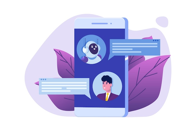 Concepto de chatbot. hombre hablando con robot. servicio de atención al cliente android, diálogo de inteligencia artificial.