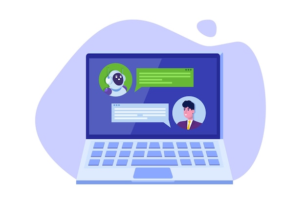 Concepto de chatbot. Hombre hablando con robot. Servicio de atención al cliente android, diálogo de inteligencia artificial.