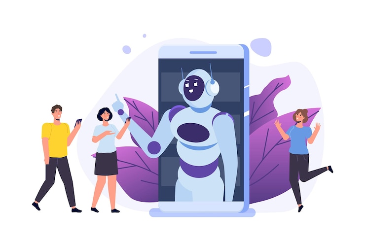 Vector concepto de chatbot. hombre hablando con robot. servicio de atención al cliente android, diálogo de inteligencia artificial.