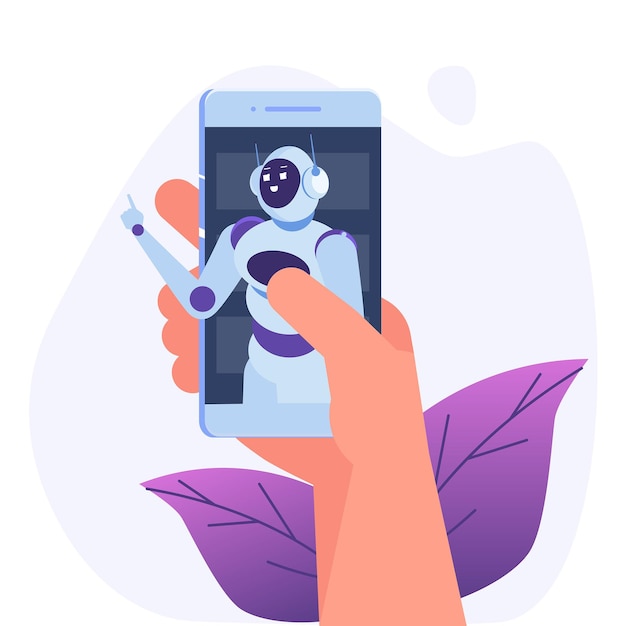 Concepto de chatbot. Hombre hablando con robot. Servicio de atención al cliente android, diálogo de inteligencia artificial.