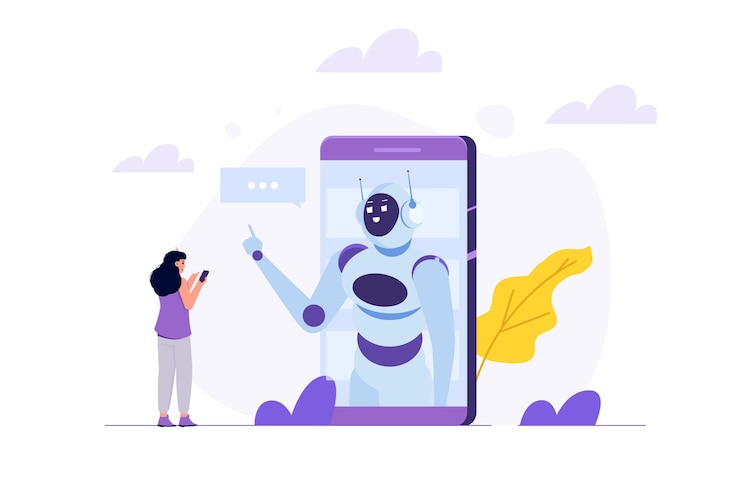 Vector concepto de chatbot hombre hablando con robot servicio de atención al cliente diálogo de inteligencia artificial android
