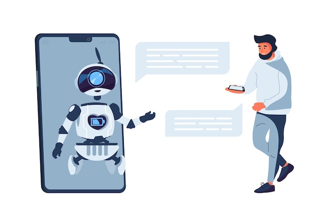 Concepto de chatbot. Soporte al cliente de chat bot, inteligencia artificial. Ilustración vectorial plana