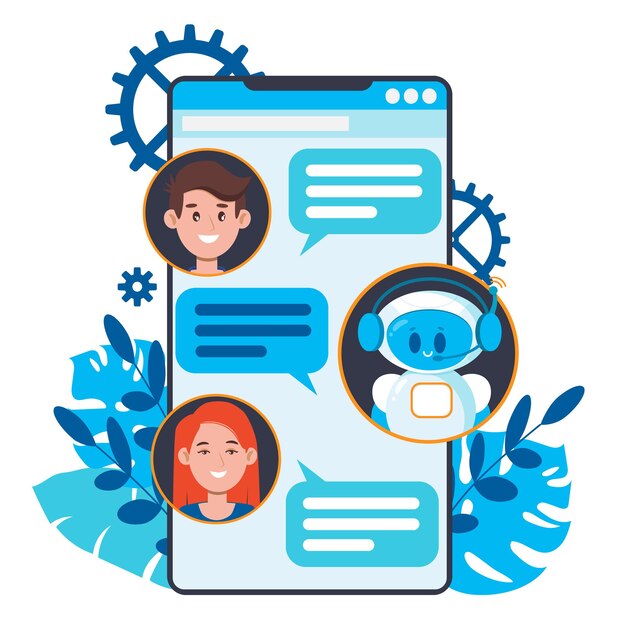 Concepto de chatbot. Usuarios que chatean con un lindo robot robot en el teléfono inteligente.
