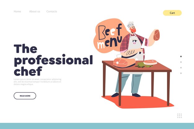 Concepto de chef profesional de página de destino con cocinero masculino haciendo filetes de ternera y platos de carne para restaurante. Preparación de cocina alimentaria. Ilustración de vector plano de dibujos animados