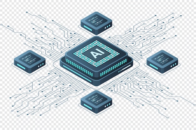 Concepto de chip de inteligencia artificial isométrica Concepto de inteligencia artificial Procesador de microchip futurista Ilustración vectorial
